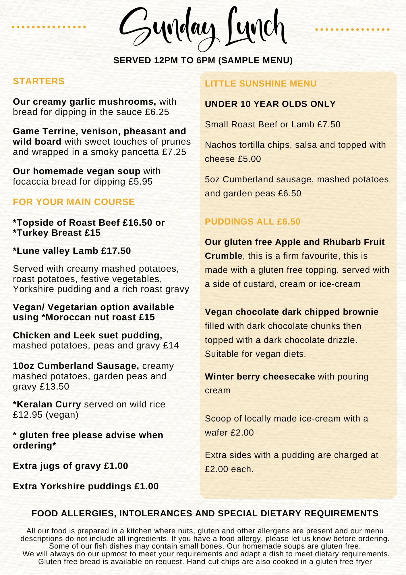 Sample Sunday Lunch Menu